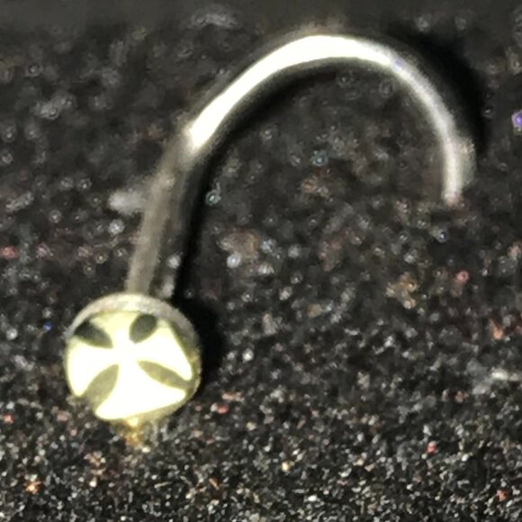 Black with White Iron Cross 18 Gauge C-shaped Nose Ring - Picture 3 of 4